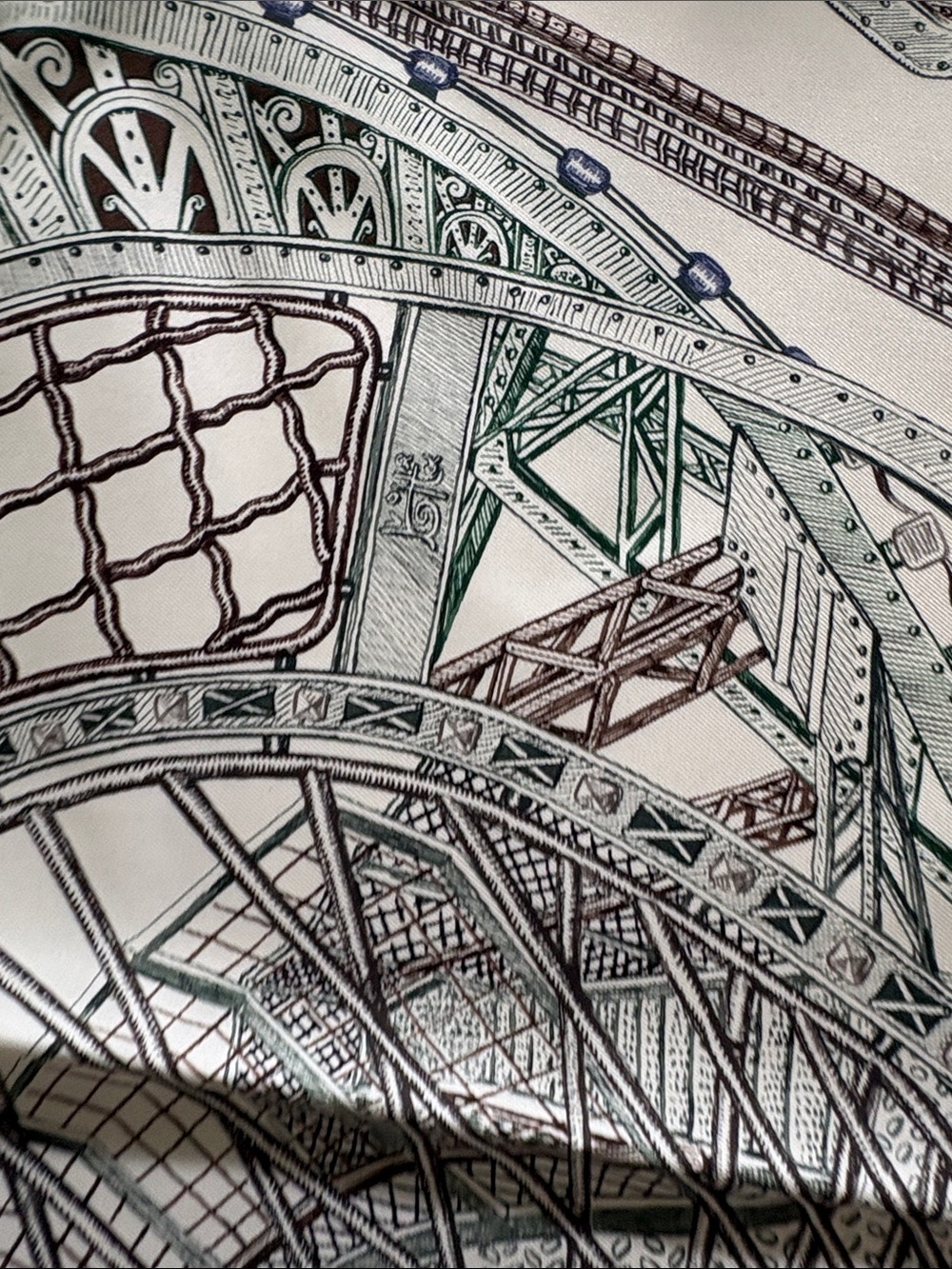 Hermes Ivory, Green & Brown Silk Scarf - Architectural Motif - Picture 5 of 11